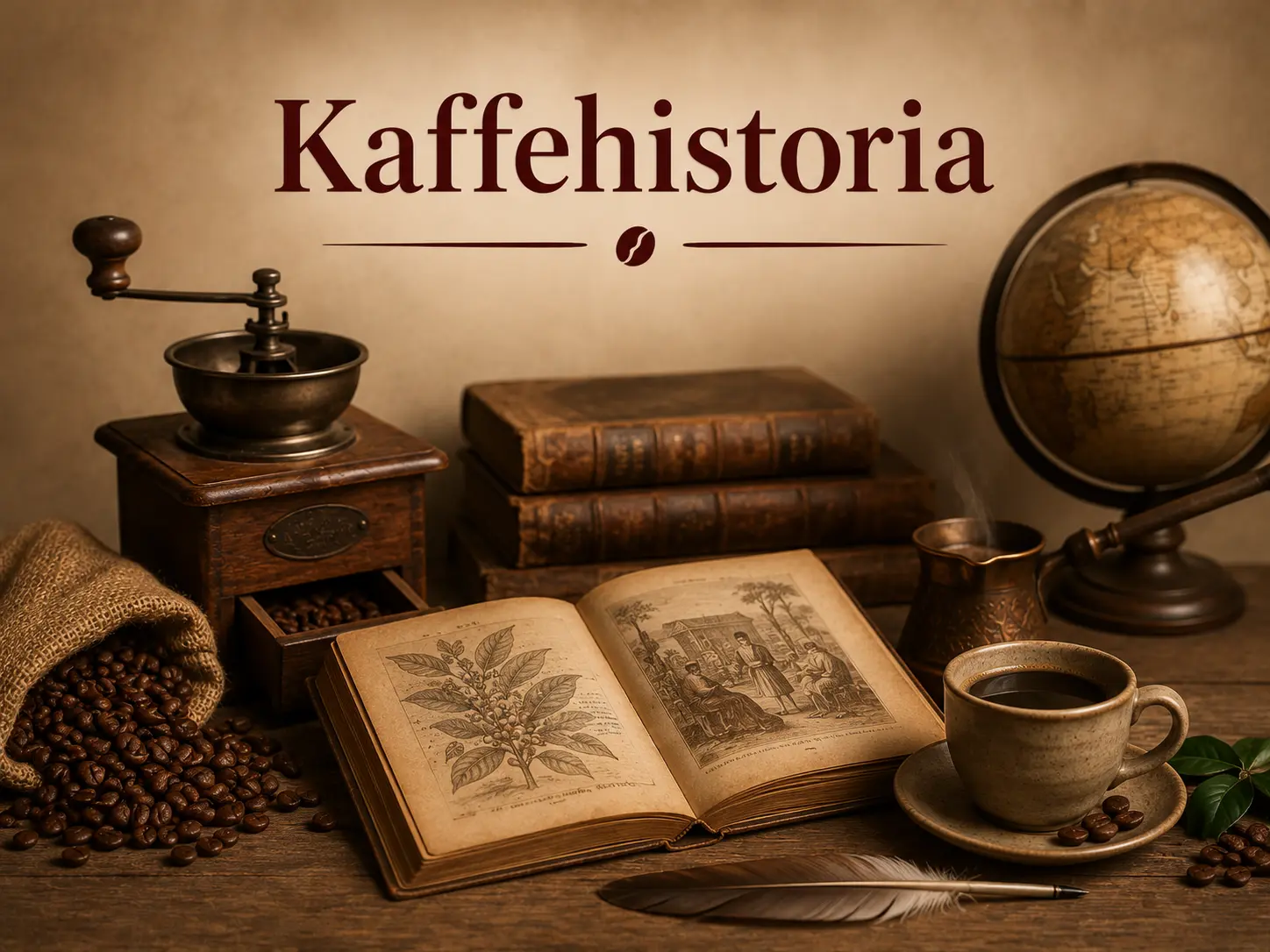 Kaffehistoria: En gammal kaffekvarn och kaffebönor på ett rustikt bord