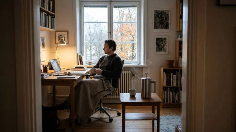 Person dricker kaffe vid skrivbord med Aarkes vakuumisolerade presskanna bredvid