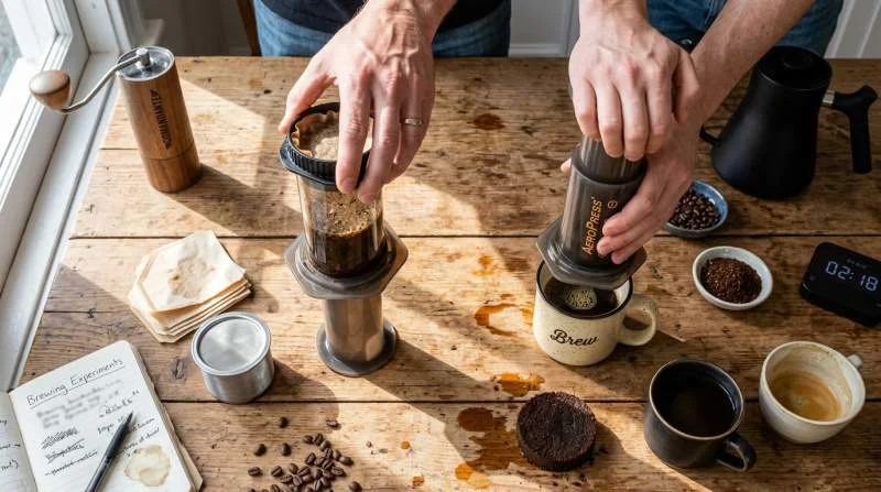 Olika AeroPress-metoder provas hemma med pappers- och metallfilter