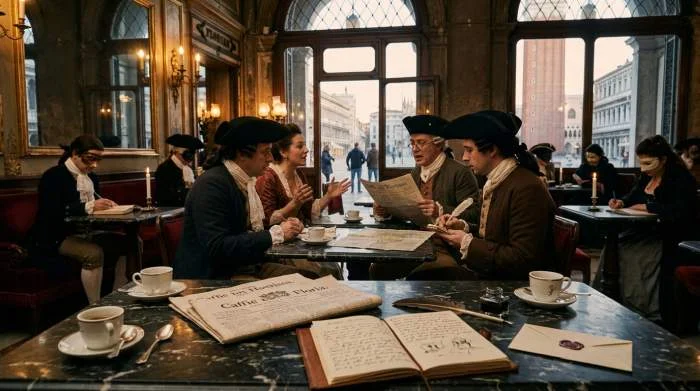 Författare läser tidningar på Caffè Florian i Venedig