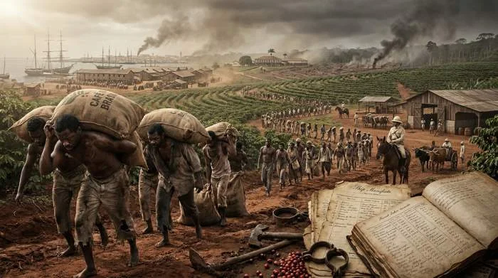 Förslavade afrikaner bär tunga kaffeskördar på en plantage i Brasilien.