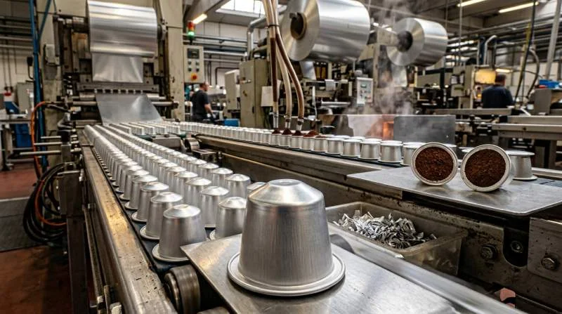 Aluminiumkapslar tillverkas och fylls med kaffe i automatiserad process vid kaffefabrik.