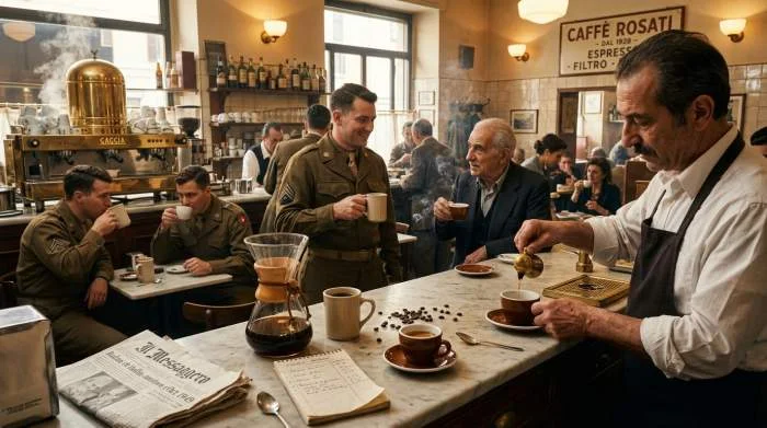 Italiensk barista serverar Americano och bryggkaffe i 1940-talskafé