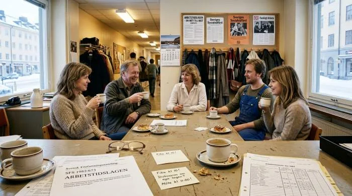 Arbetstidslagen och fika i svenskt personalrum under 1980-talet