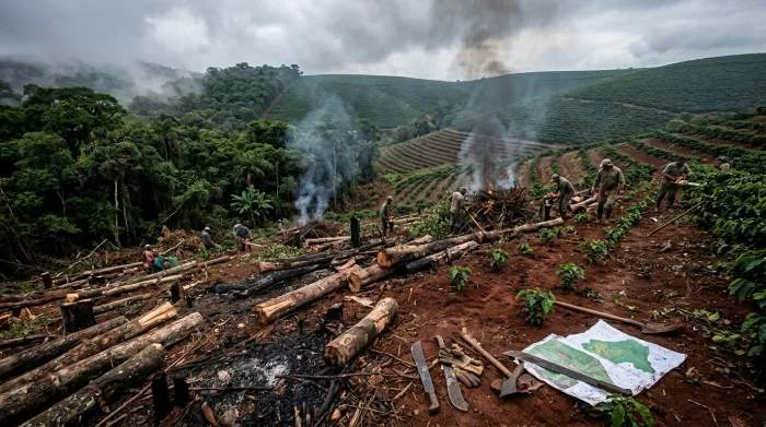 Atlantskogen röjs för brasilianska kaffeplantager
