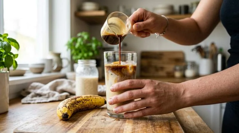 Espresso hälls över banan, havredryck och is i ett högt glas