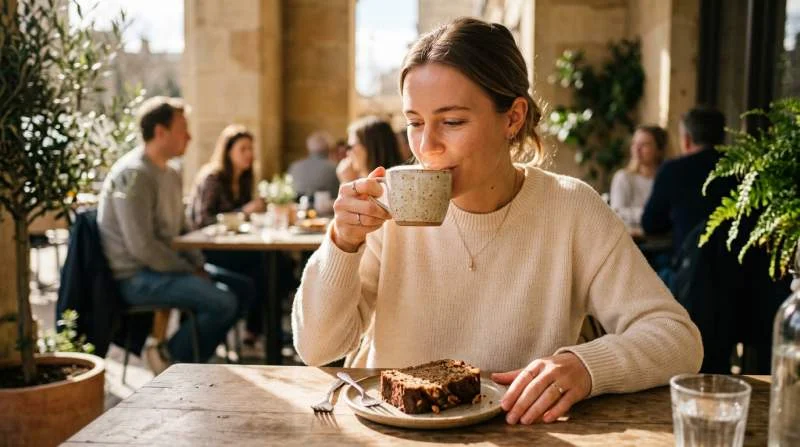 Person dricker banankaffe med bananbröd på en solig kaféterrass