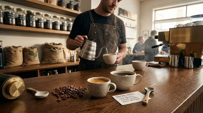 Mörkrostade bönor och espresso till en klassisk Americano
