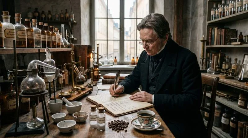 Berzelius analyserar koffein i laboratorium år 1826