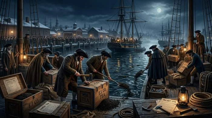 Kolonister tömmer Ostindiska kompaniets tekistor i Boston Harbor 1773