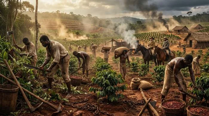 Förslavade arbetare planterar kaffe på portugisisk plantage i Brasilien