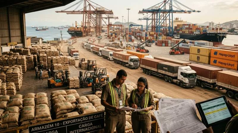 Kaffesäckar väntar på export i brasiliansk hamn inför rekordskörden 2027