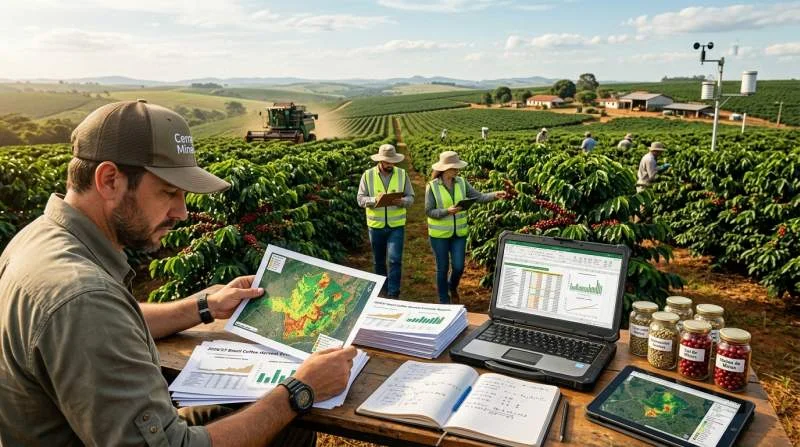 Agronomer uppskattar Brasiliens kaffeskörd i en arabicaplantage