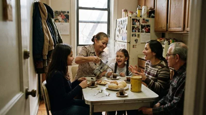 Latinamerikansk familj dricker starkt kaffe tillsammans i ett kök