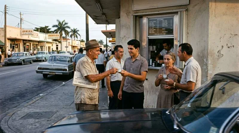 Kubanska immigranter dricker kaffe tillsammans i Miami på 1960-talet