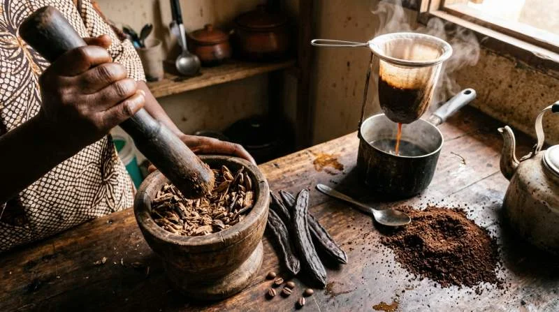 Djar-kryddpeppar krossas lätt för att frigöra arom till starkt bryggt Café Touba-kaffe