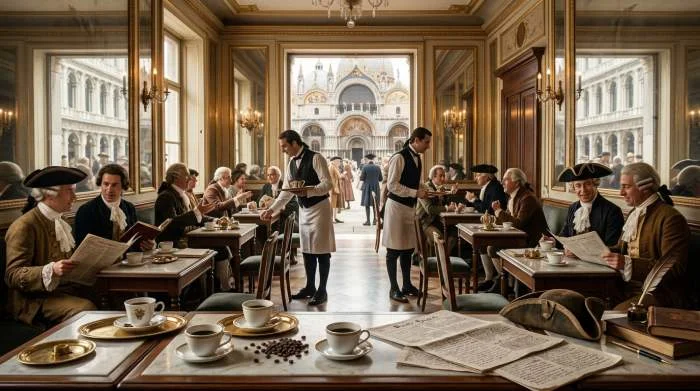 Interiör från Caffè Florian i Venedig med eleganta speglar och förgyllda detaljer