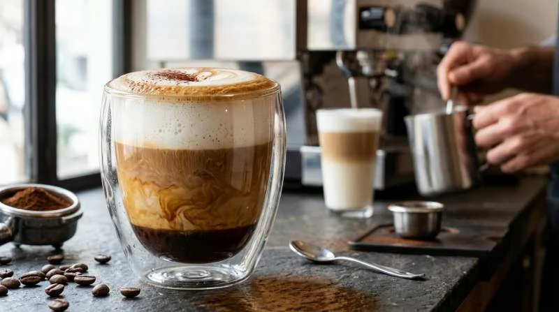 Cappuccino med espresso, varm mjölk och luftigt mjölkskum i en vit kopp