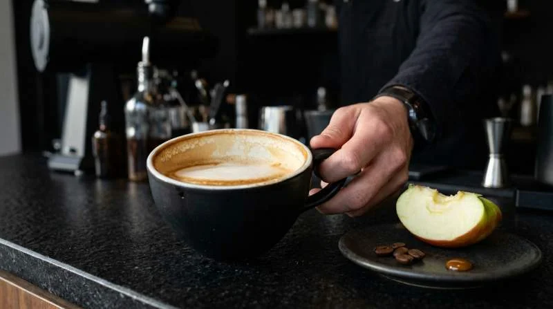Caramel apple latte med äppelklyfta och rostade kaffebönor