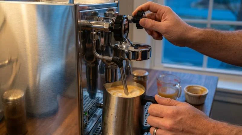 Mjölk med karamell och äppelcider skummas i kanna