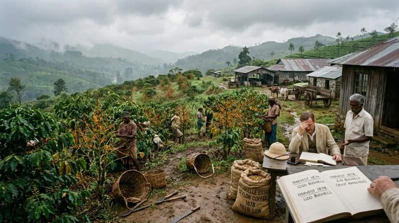 Kaffeplantager på Ceylon som gradvis försämras av bladmögelsvampen Hemileia vastatrix under 1870-talet