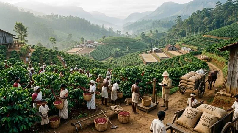 Tamilska arbetare på en kaffeplantage i brittiska Ceylon under 1800-talet