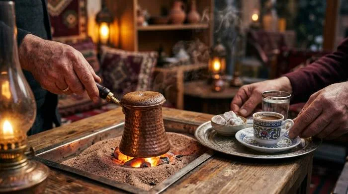 Turkiskt kaffe kokas i cezve med tjockt skum och sediment