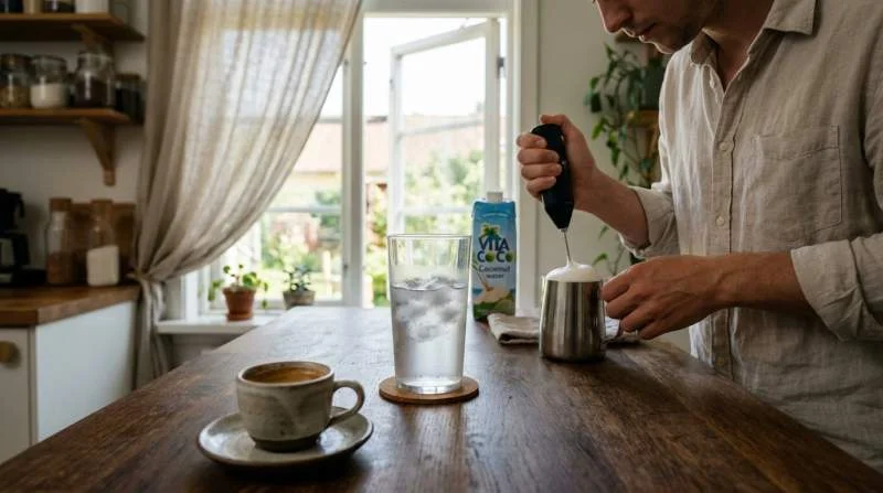 Mjölkskum förbereds bredvid espresso och kokosvatten
