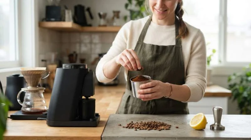 Person kontrollerar malningen av ljust rostat kaffe
