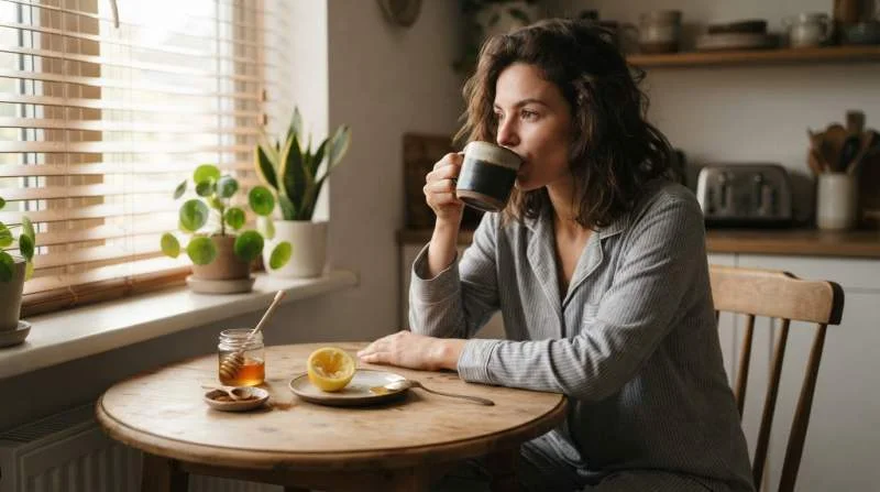Person dricker svart kaffe med citron, honung och kanel på morgonen