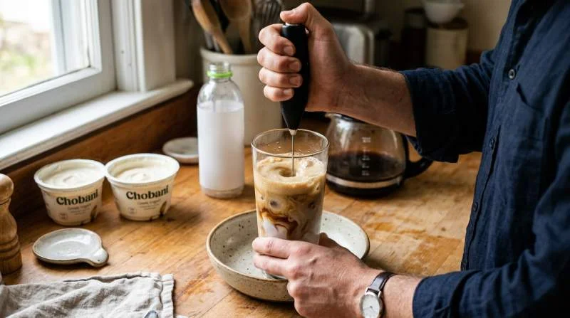 Kaffe, yoghurt och kokosvatten mixas med mjölkskummare