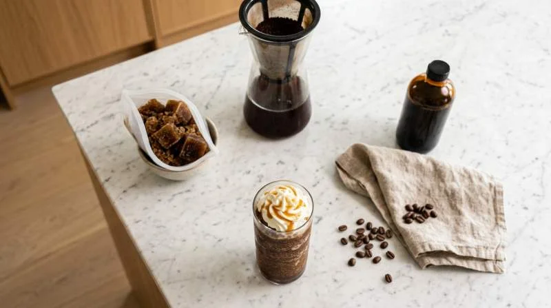 Frozen coffee med cold brew, grädde och karamellsirap