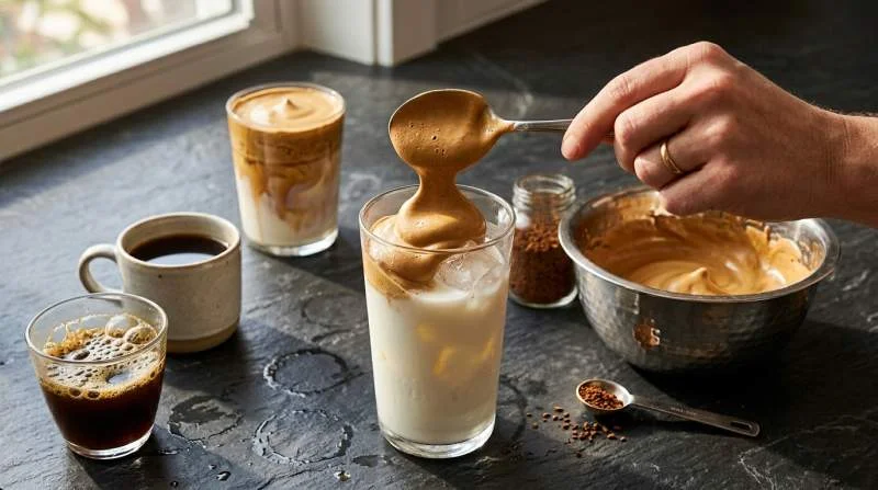 Vispad dalgonakräm läggs över kall mjölk och is