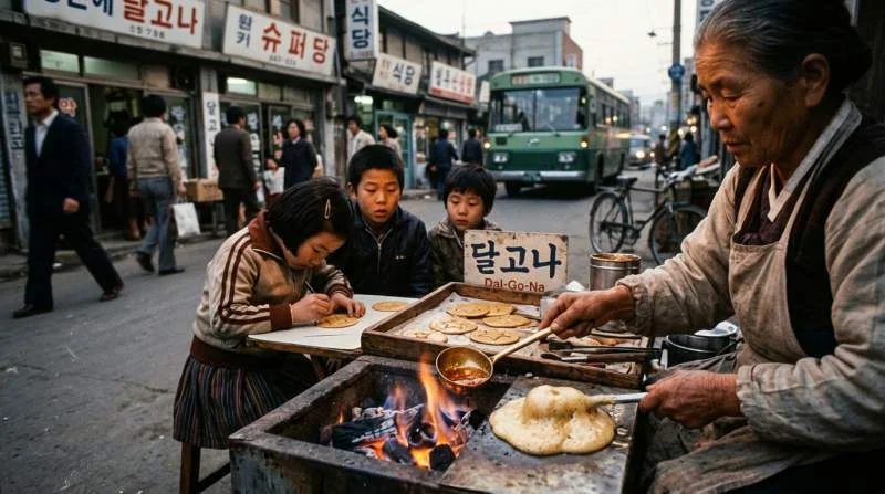 Dalgona säljs av gatusäljare i Seoul på 1970-talet med präglade former