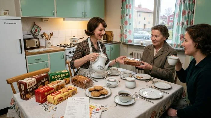 Köpta kakor serveras vid svenskt kafferep på 1950-talet