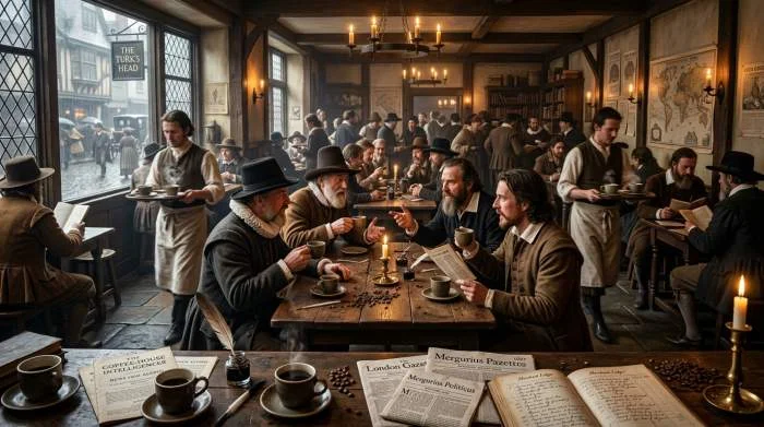 Englands första kaffehus fyllt av gäster i Oxford och London på 1600-talet