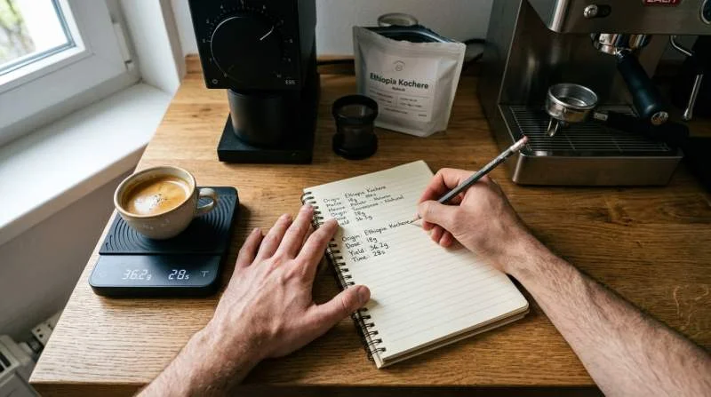 Barista skriver ner inställningar för en färdig espresso