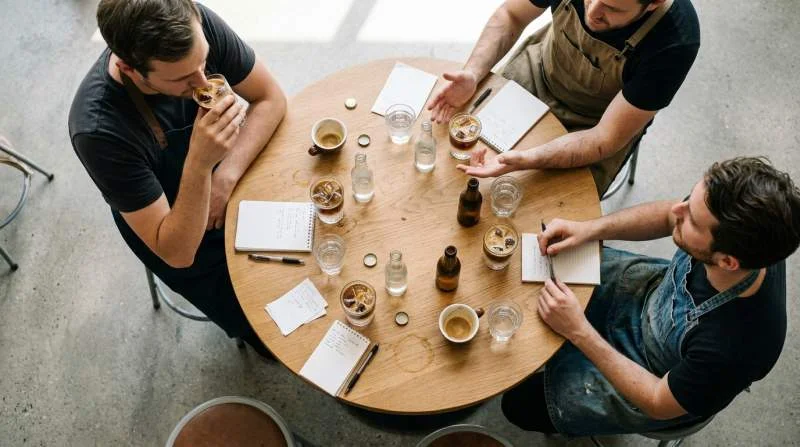 Baristor jämför flera glas espresso tonic vid ett provningsbord