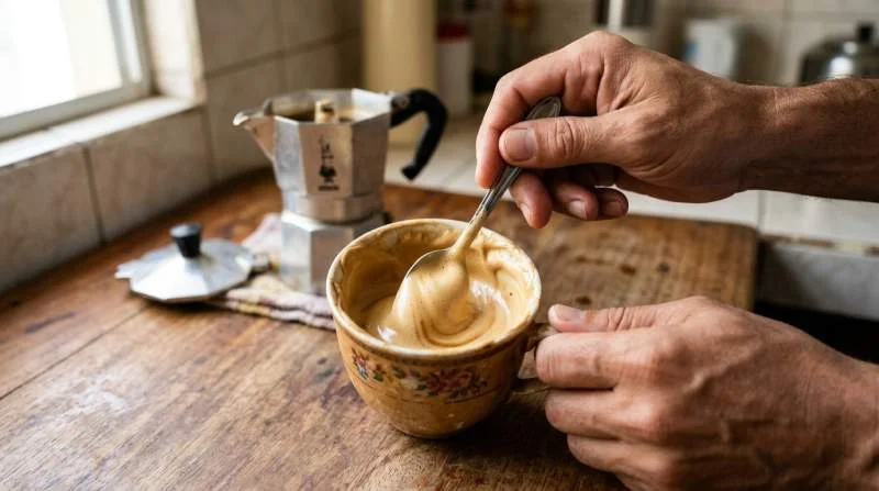 Espresso och socker vispas till en ljus krämig pasta
