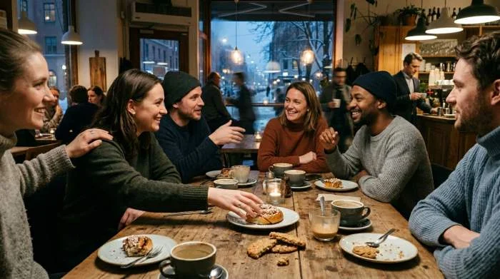 Vänner delar kaffe och samtal