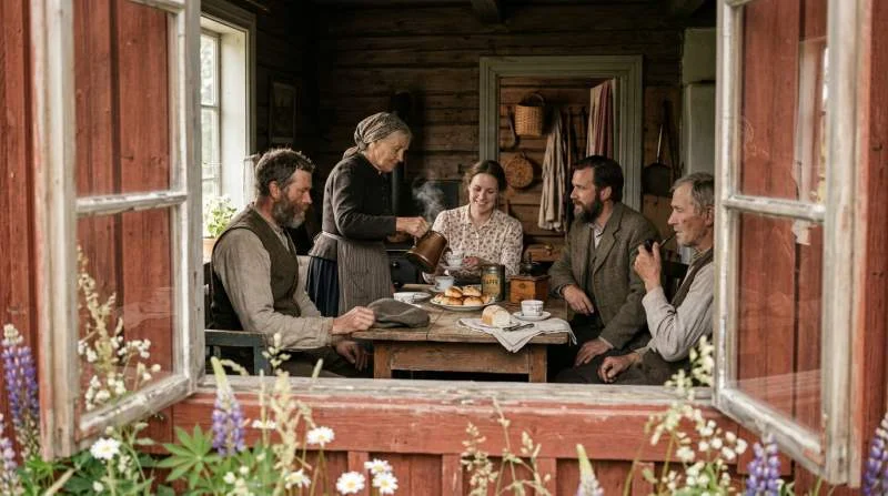 Familj och grannar samlas runt kaffebord i svenskt hem