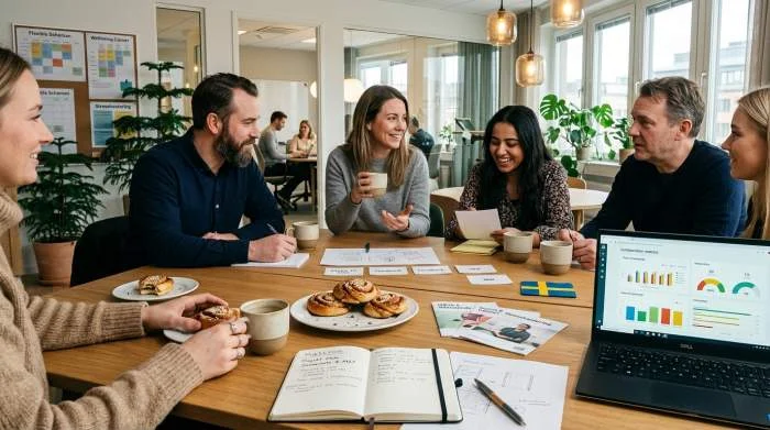 Svenska kollegor diskuterar projekt under fikapaus på kontor