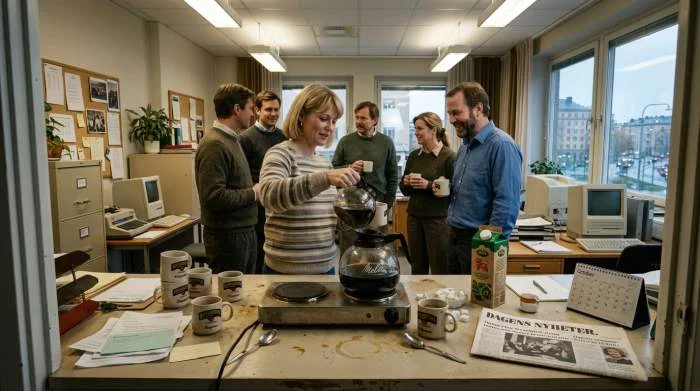 Klassiskt kontorskafferum med stor kanna filterkaffe på värmeplatta