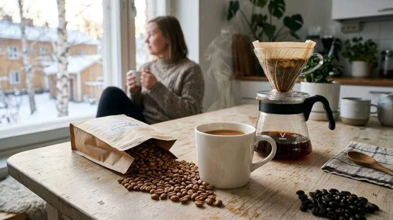 Ljusrostat filterkaffe i genomskinlig kanna och hela kaffebönor på träbord