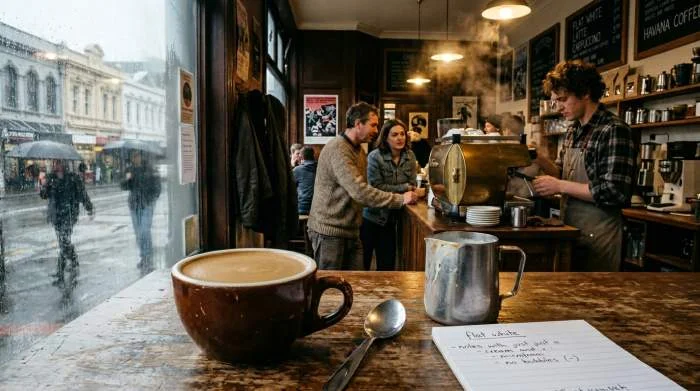 Flat white serveras på Café Dr. Strange i Wellington 1989