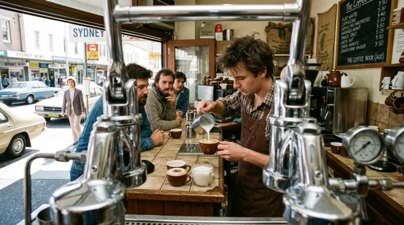 Flat white tillagas på espressobar i Sydney 1985