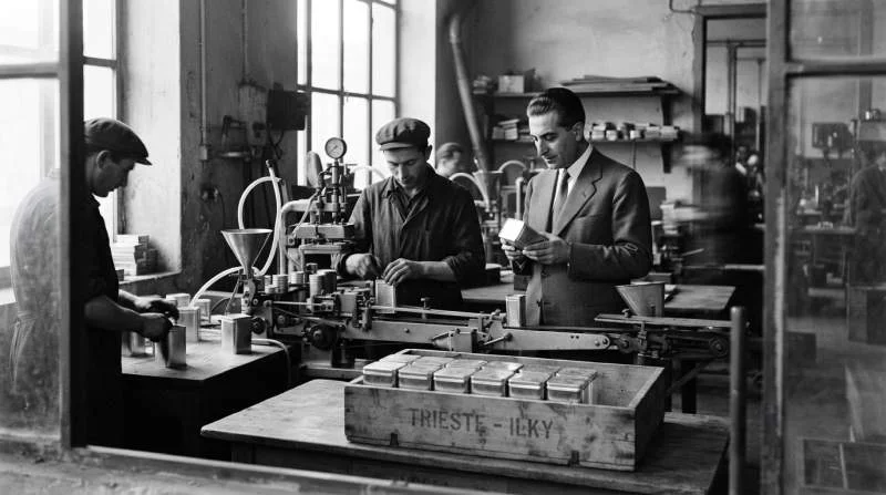 Arbetare förseglar metallburkar med kaffe i en fabrik på 1930-talet