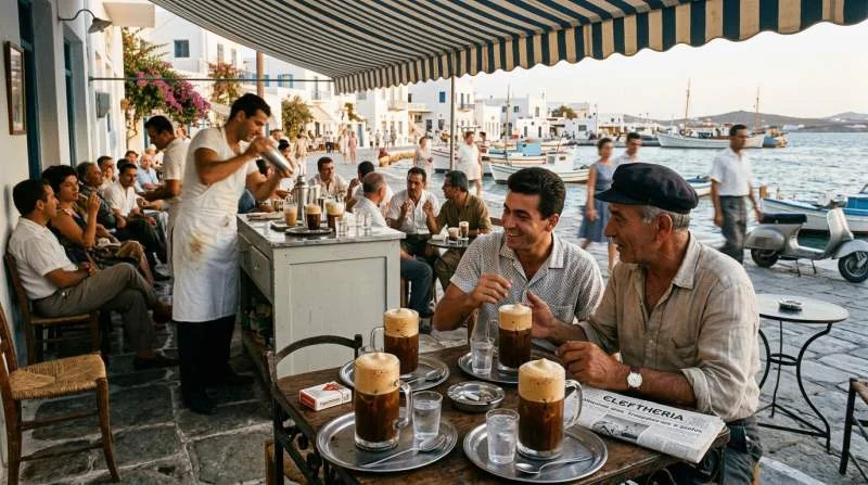 Frappé i glas på ett grekiskt kafé en varm sommardag