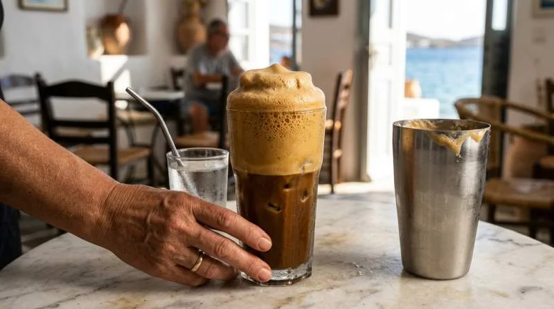 Närbild av tjockt, krämigt skum på en grekisk frappé med isbitar