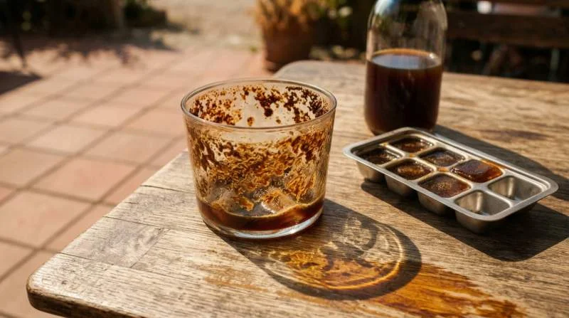 Kaffeflingor som smälter i ett nästan urdrucket iskaffe utan utspädning